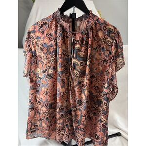 Women's Philosophy Sheer Orange Floral Top  Size 3X Peasant Flowy Cottage Boho